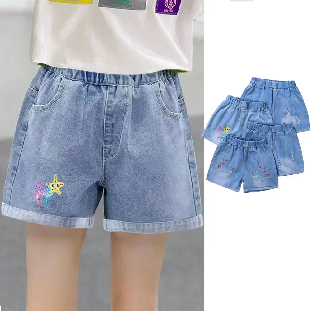 Girls Shorts Jeans Kids Eastic Band Short Pant 2024 Summer 2 To 12 Yrs Children\'s Clothing Teenagers Cartoon Embroidery Trousers