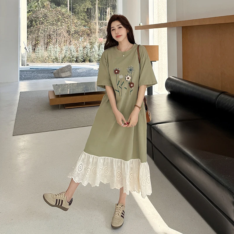 ผู้หญิงหลวมพลัสขนาดเสื้อยืดชุดฤดูใบไม้ผลิฤดูร้อน 2025 Casual Jacquard Patchwork Lady Vestidos KE6805