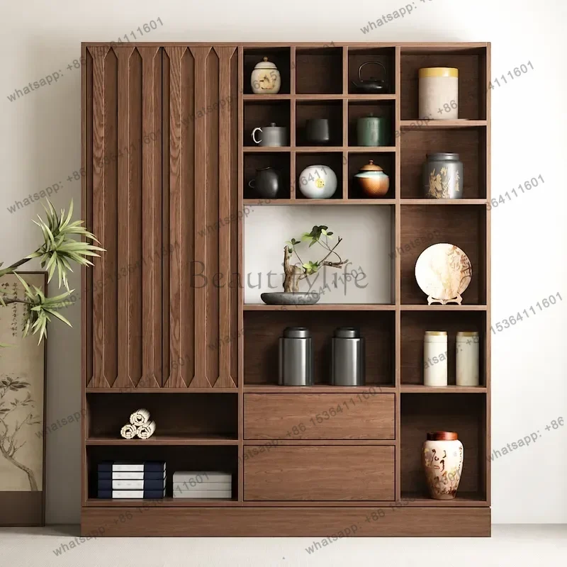 PG Retro Chinese Solid Wood Partition Display Cabinet Teapot Storage Shelf Multi Layer Curio Stand for Living Room Tea Set