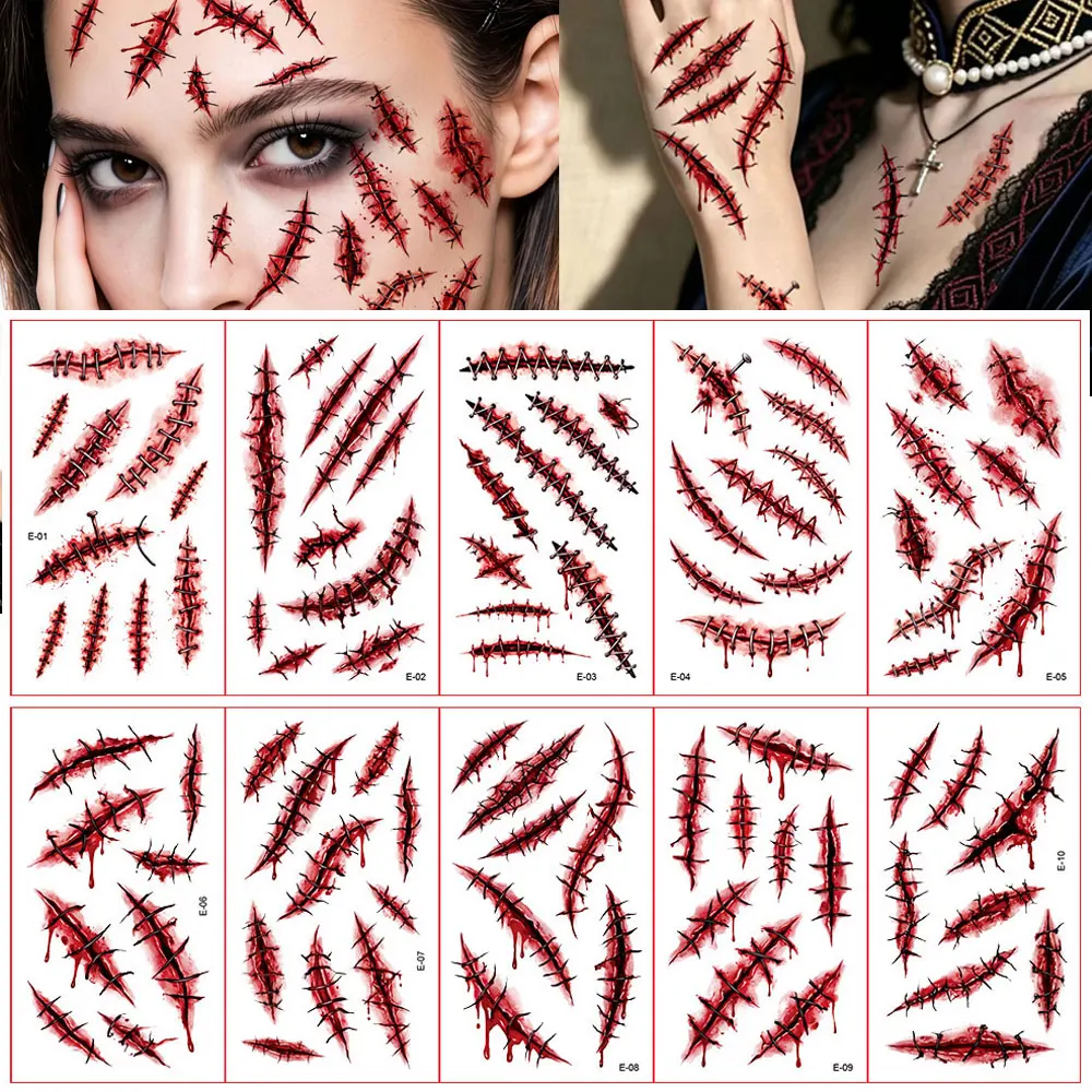 10Sheet Waterproof Halloween Fake Wound Tattoo Stickers Realistic Scar Stitch Temporary Tattoos for Festival Party Body Art