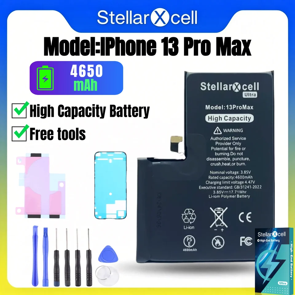 Batería StellarXcell para iPhone, envío desde Alemania, para iPhone 13, 13 Pro, 13 mini, 13 Pro Max, batería de alta capacidad y calidad, reemplazo con herramientas gratis, 0 ciclos, muestra 100% de salud 3