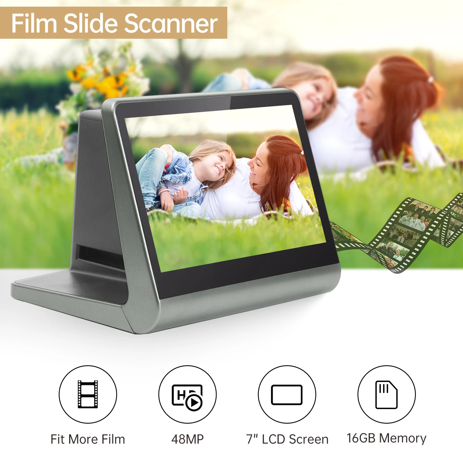 Bisofice Film and Slide Scanner 7'' LCD Screen Free APP Support 48W Pixels Display Built-in 16GB Memory for 135 Film/126KPK