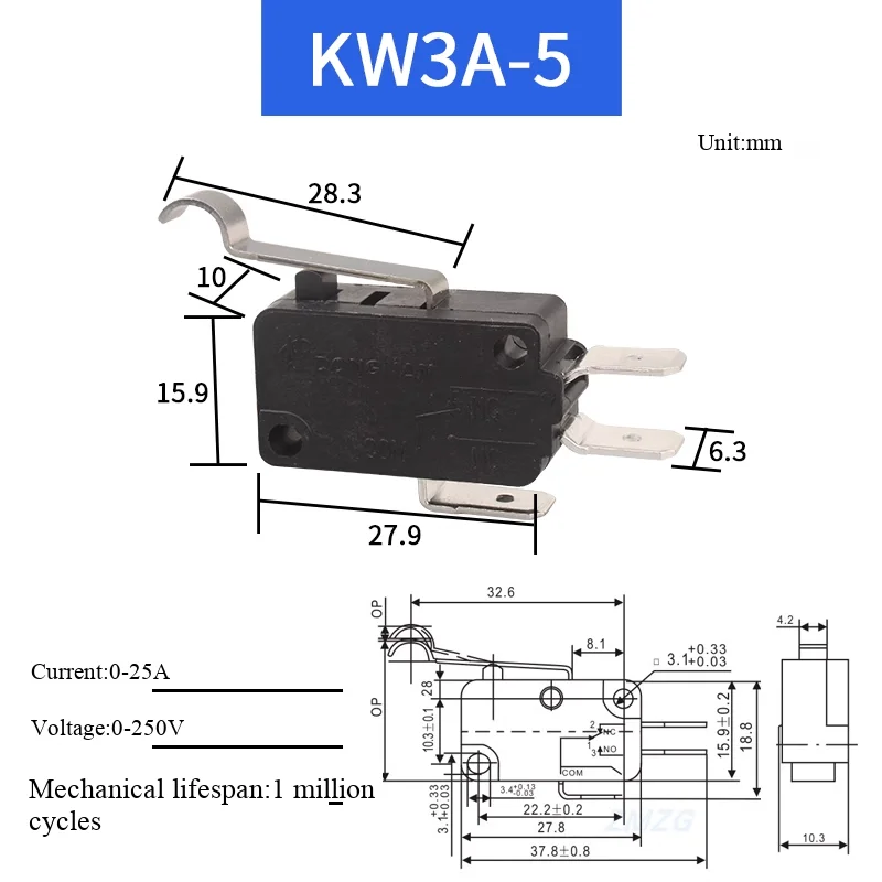 KW8-Serie Kupferkontakt Fußbreite 6,3 mm Großer Mikroschalter mit großer Schaltweglänge Mikro-Tastendruckschalter – Detail 9