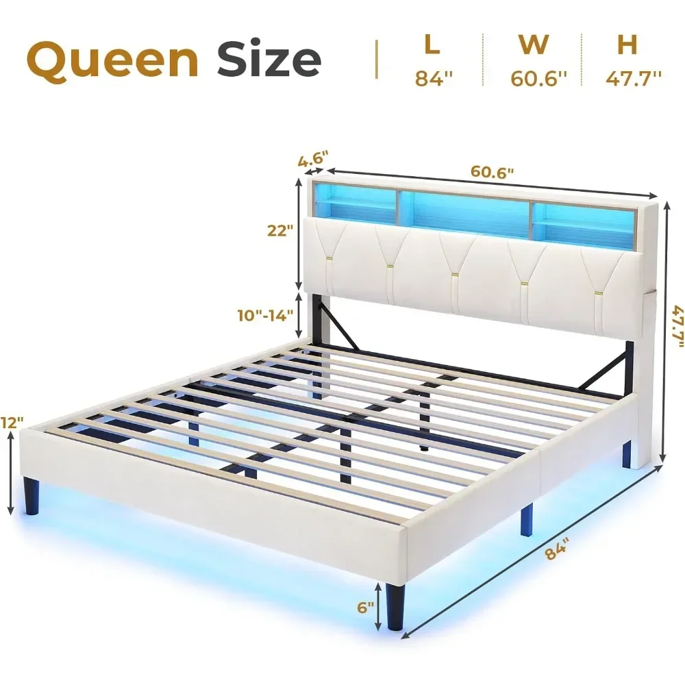 Queen Bed Frame with Storage Headboard and RGB LED Lights, with Type-C & USB Charging Station, Stable Easy AssemblyZL