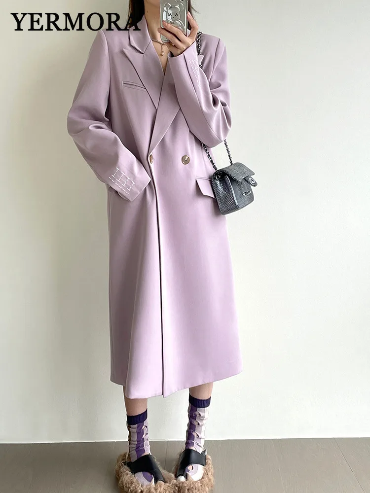 

YERMORA Purple Embroidery Button Elegant Long Blazer For Women Lapel Long Sleeve Fashion Trench Spring Autumn 2025 New A283