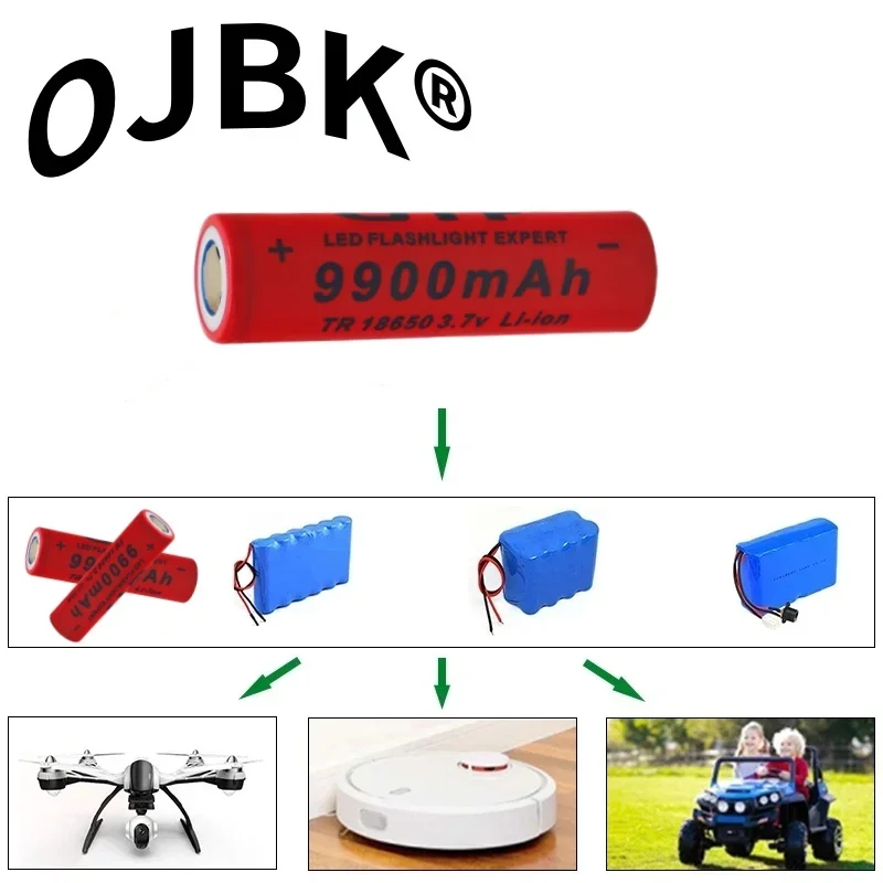 Rechargeable lithium-ion battery for LED flashlight, 3.7V 18650 battery, 3.7V 9900mAh with USB charger included