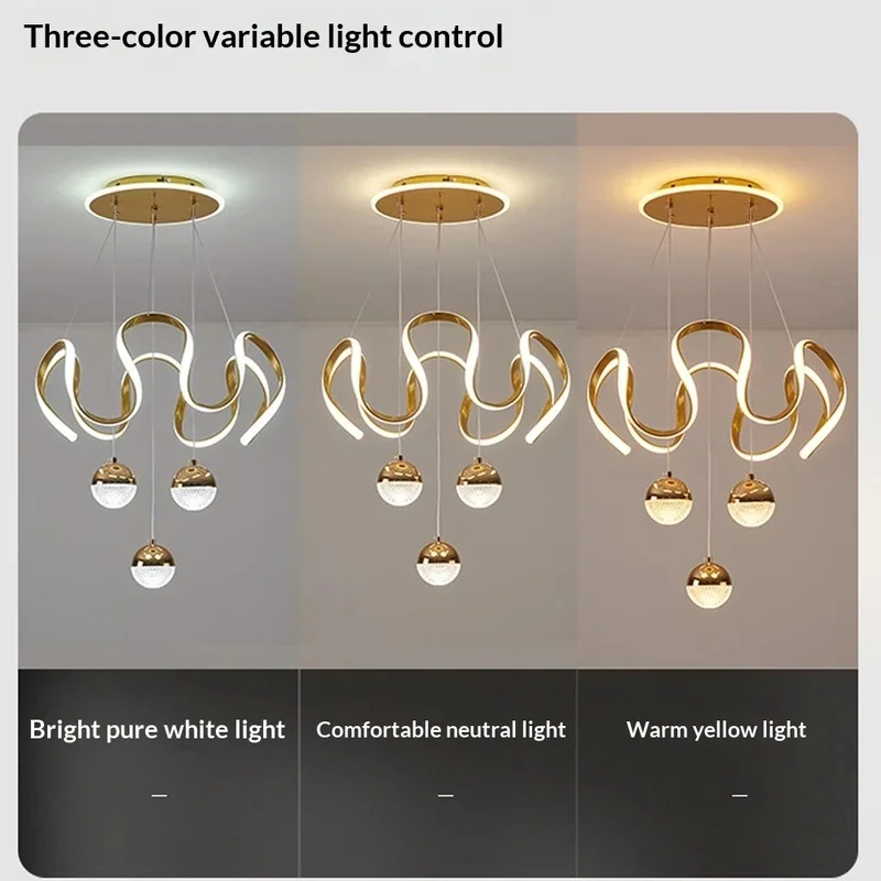 Light Luxury Gold Twisted Ring Chandelier Remote Control Dimmable Crystal Ball Pendant Light Dining Room Living Room Modern Deco