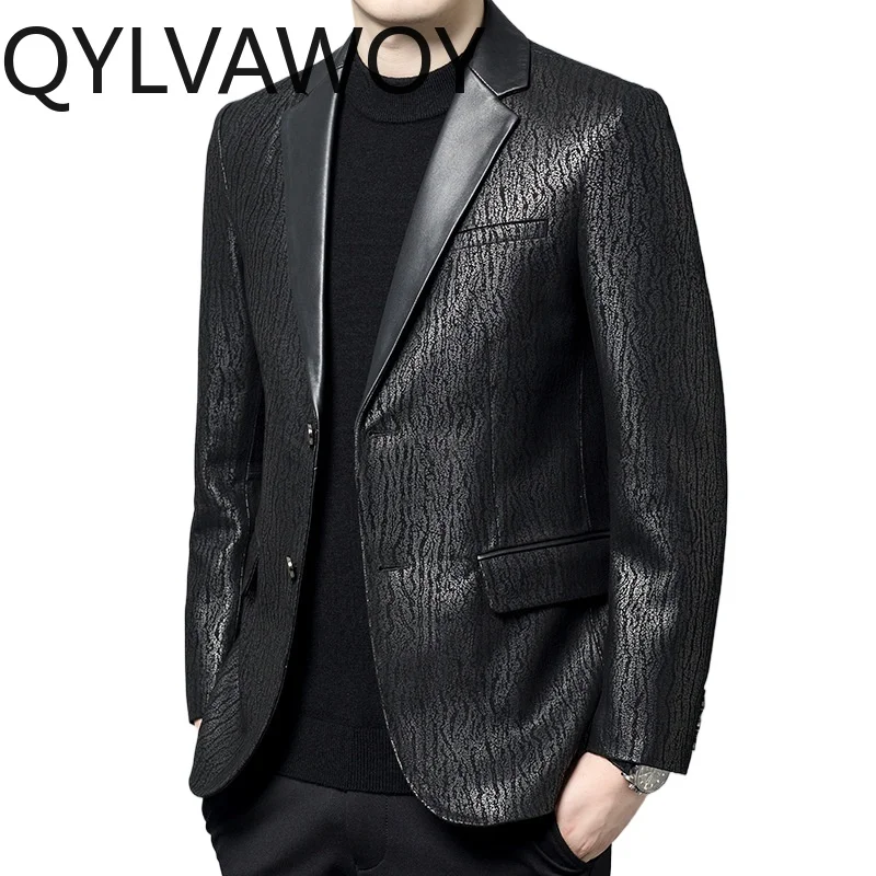 QYLVAWOY Real Sheepskin Leather Jackets Man Spring Autumn Blazer Masculino Leather Coats Bark Pattern Blazer for Man Chaquetas