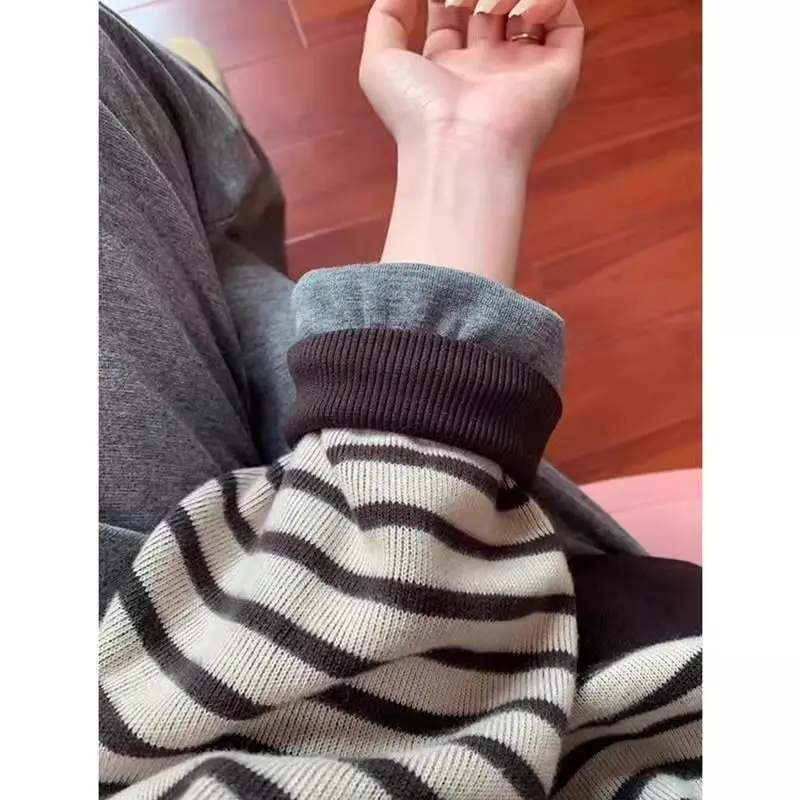 Sudadera con capucha coreana de cuello redondo a rayas para mujer en otoño e invierno, nuevo estilo con abrigo grueso y de felpa, informal holgada de gran tamaño