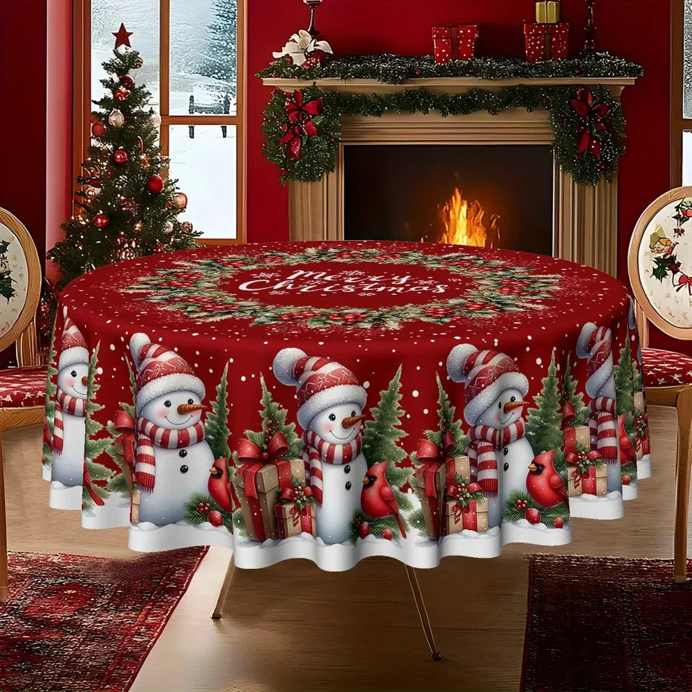 JIT, 1pc Christmas classic creative snowman cardinal holly wreath printed kitchen/dining round tableclothzyc