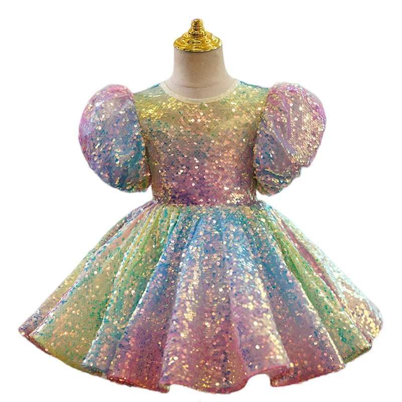 Sequined Multi-color Rainbow Unicorn Bubble Sleeve Birthday Dress Carnival Pageant Evening Party Princess Tutu for 1-14Y Girls