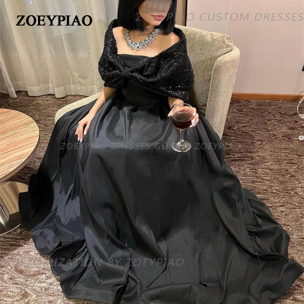 

Black Saudi Arabia Off the Shoulder Short Sleeves Prom Dresses Satin A-Line Elegant Formal Party Gowns Dubai Evening Dress