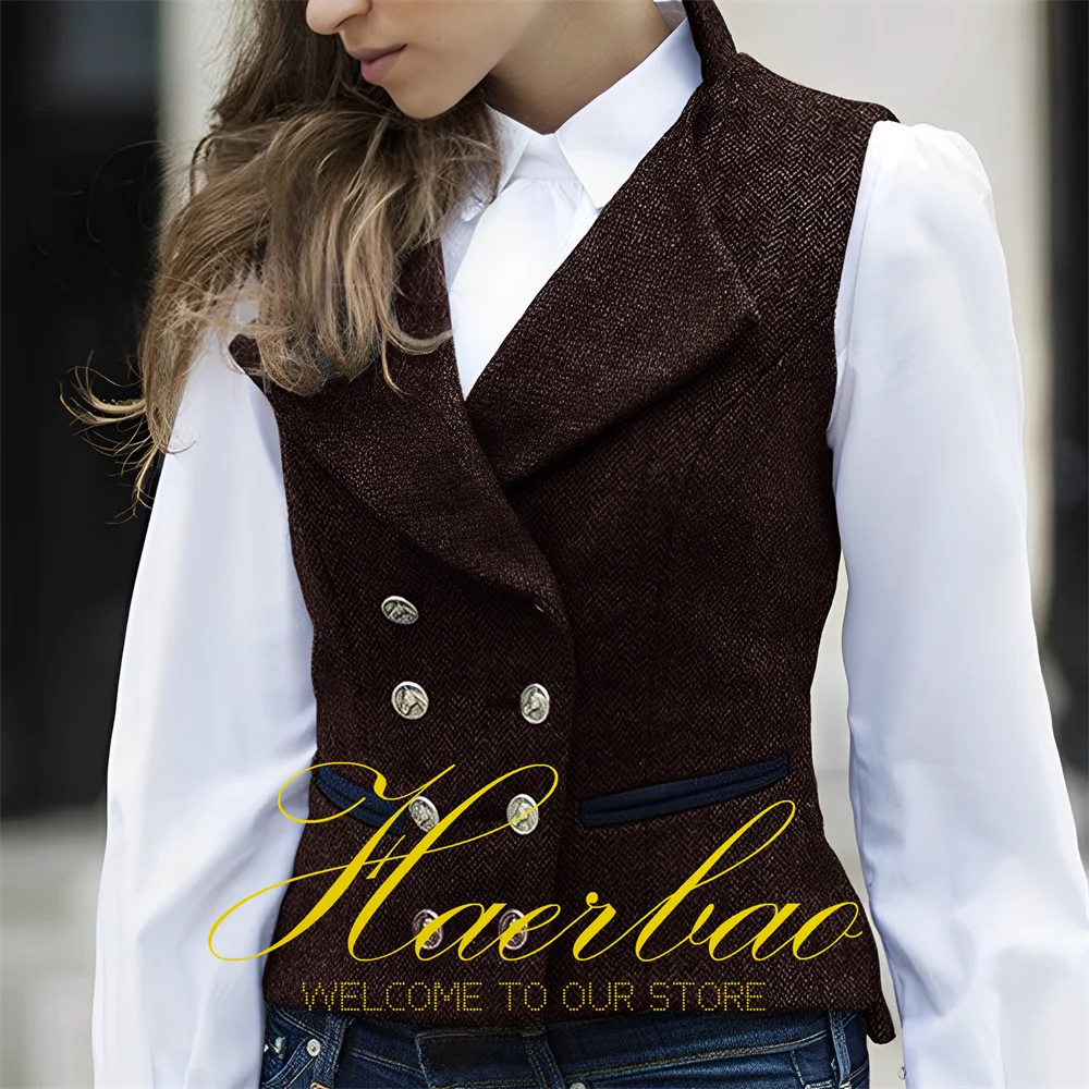 Casual Women\'s Vest Herringbone Double Breasted Vintage Sleeveless Jacket Fashion Lady Waistcoat