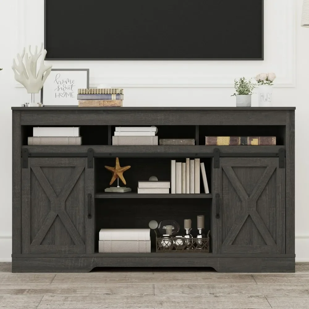 

Farmhouse TV Stand for 65+ Inch TV, 34'' Tall Entertainment Center with Sliding Barn Doors, Rustic Wood Media Console Storage