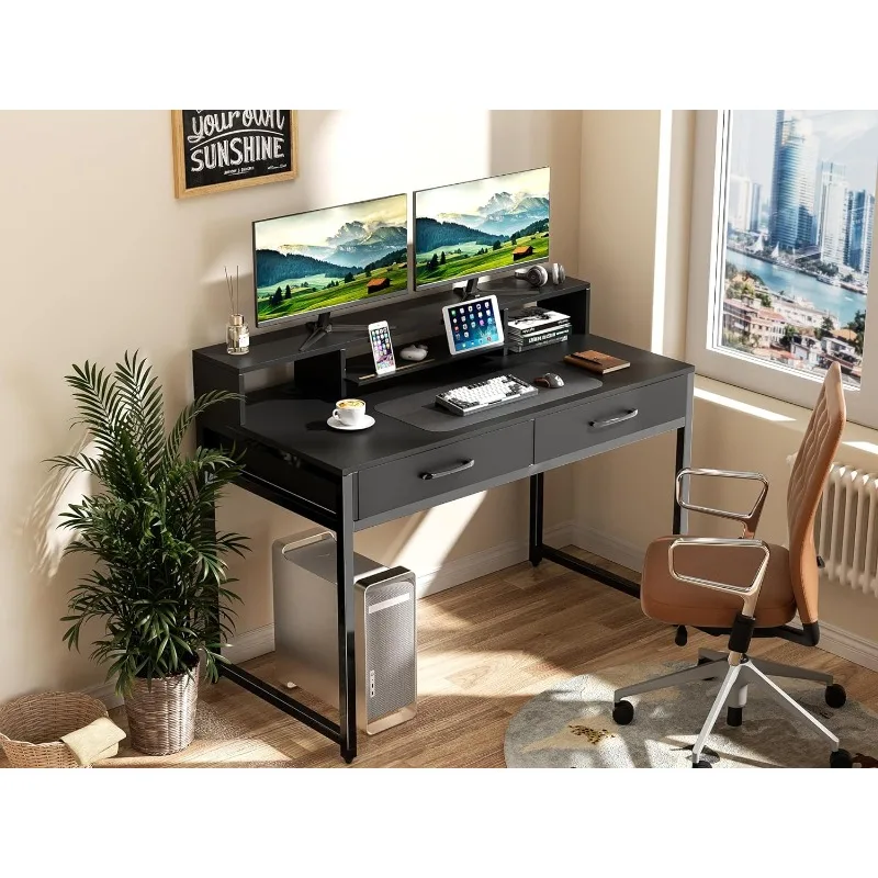 Mesa do computador com gavetas, Home Office Desk, Monitor Stand, escrivaninha com armário de armazenamento, 47 polegadas