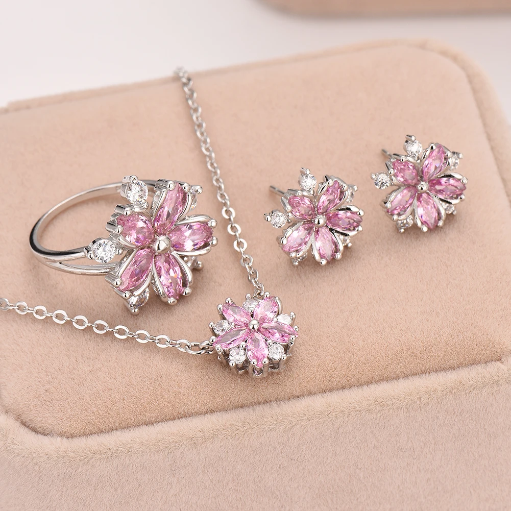 

Ladies Jewelry Set Pink Crystal Snowflake Ring Earring Necklace Cute Cherry Flower Three Piece Bridal Wedding Accessories