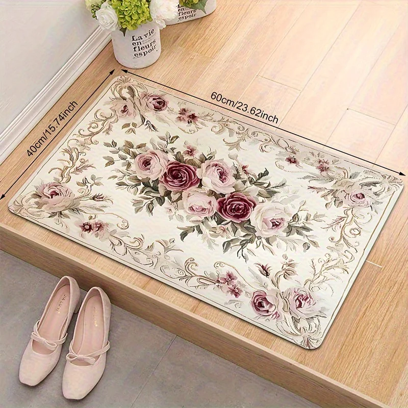 1 Elegant Floral Welcome Mat - Indoor/Outdoor Doormat with Pink and Red Rose Design for Entryway, Kitchen, Machine Washable