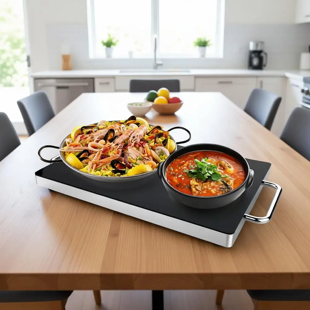 Elektrische Warmhalteplatte mit schwarzer Glasoberfläche für Zuhause, Buffets, Partys, Küchen & Restaurants | Speisenwärmeplatte