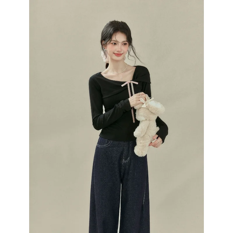 

Женская футболка с длинными рукавами и воротником-стойкой в стиле ретро, с длинными рукавами и бантом, утягивающий осенний дизайнерский топ