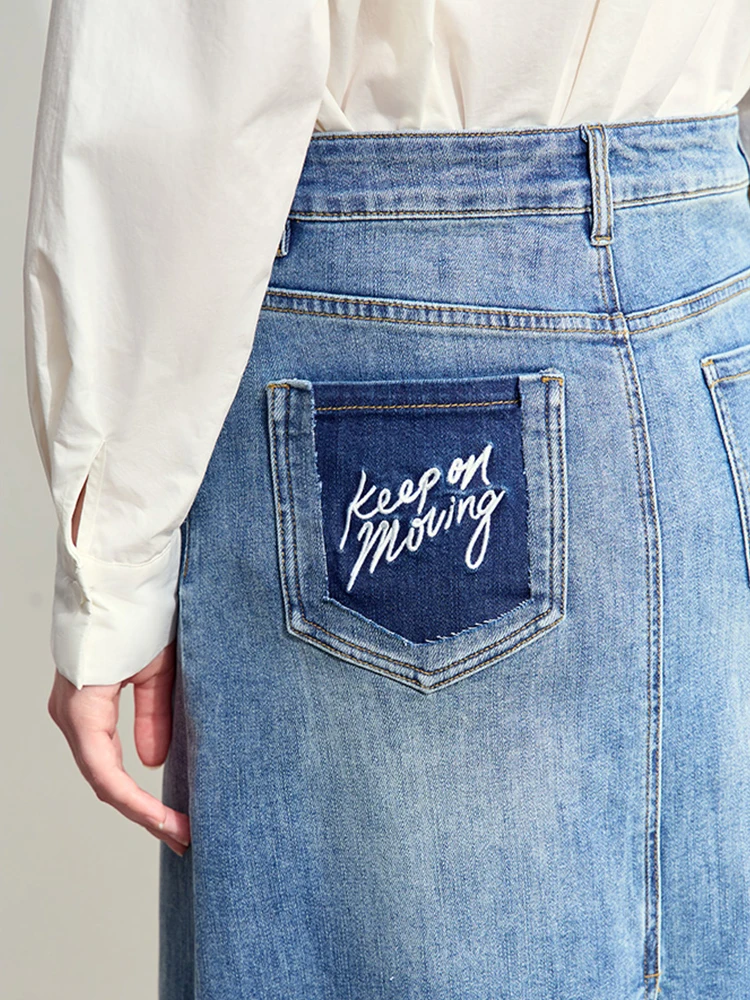 AMII Minimalism 2024 Summer New Casual Denim Style Women Jeans Skirts Letters Embroidery Open Fork Female A-line Skirt 12442282