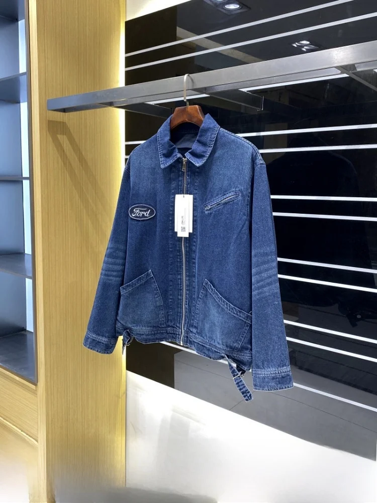 

Spanish Washed Retro Embroidered Patch Casual Men's American Style Denim Jacket Breathable Standard Fit Long Sleeve Zipper Cl...