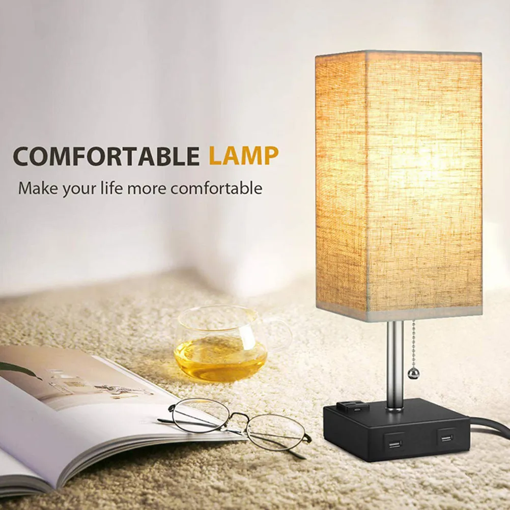 ホームデスクランプ、デュアルusbポートと3ピンコンセント付き、布製ランプシェード、寝室、リビングルーム、ベッドサイドテーブルランプ用