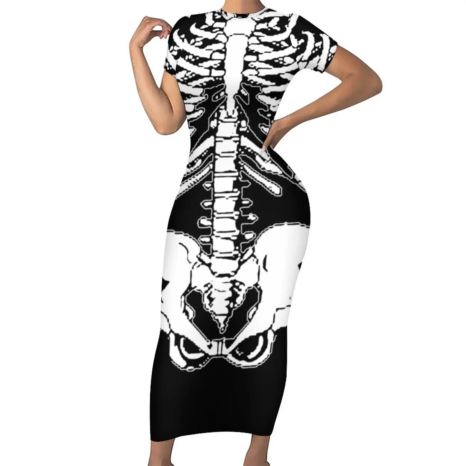 Halloween Skeleton Kleid Frauen Becken Drucken Ästhetischen Bodycon Kleid Sommer Kurzarm Kawaii Maxi Kleider Oversize Vestidos