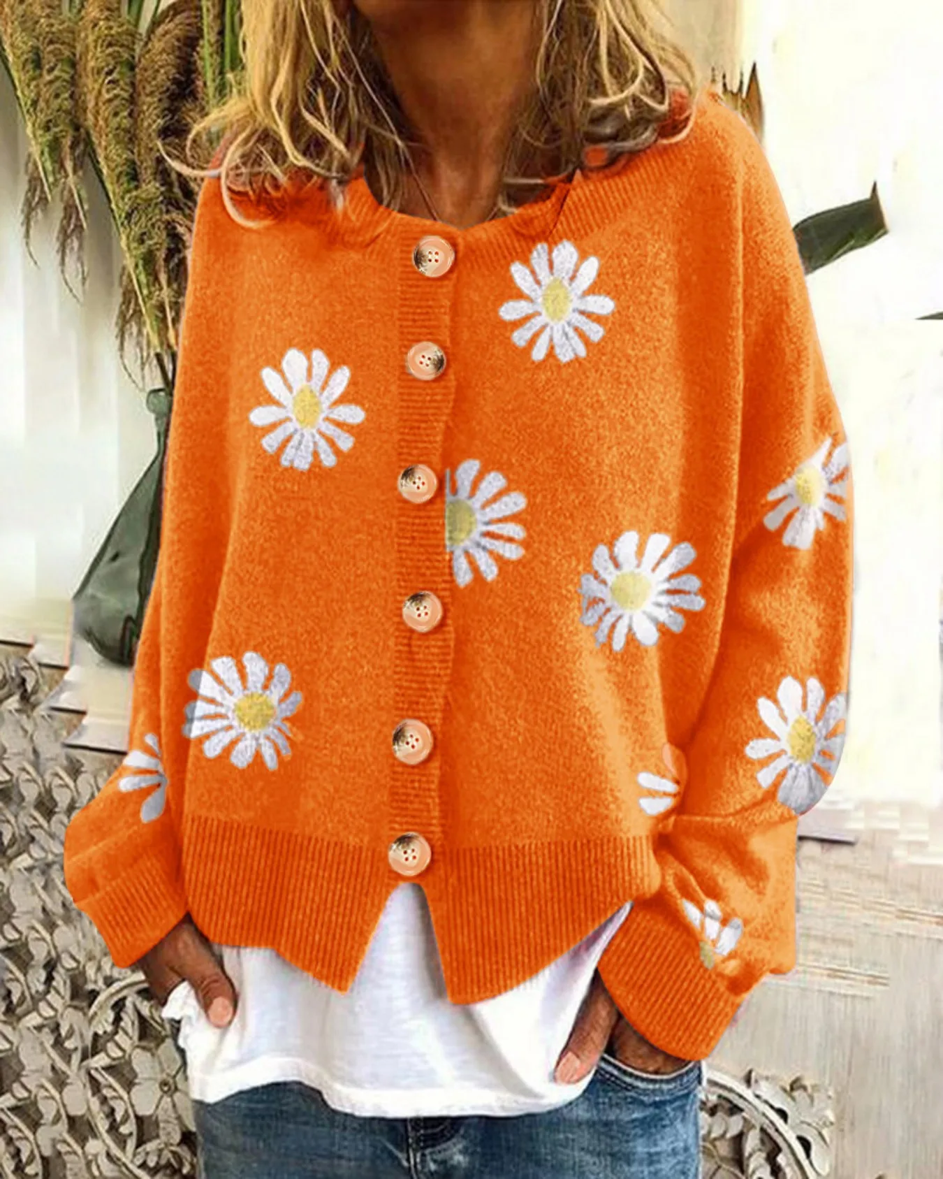

Women's Oversized Knit Cardigan Casual Button-Up Sweater with Orange Daisy Embroidery Comfortable Loose Fit Sweater