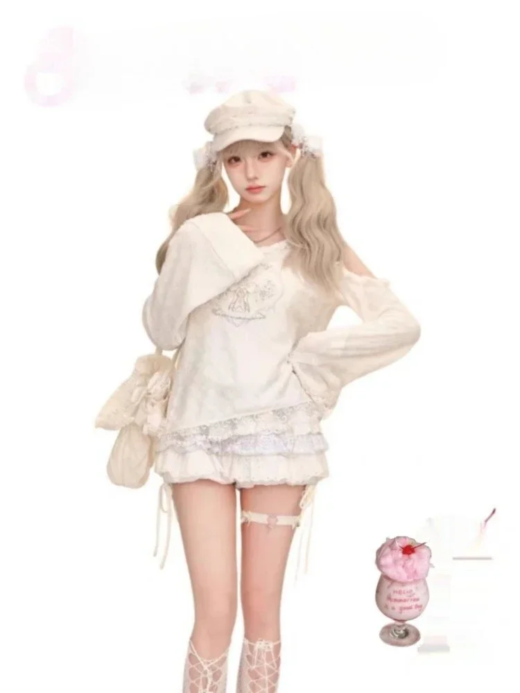 

Ранняя осень, кружевные лоскутные юбки трапециевидной формы + Y2k Harajuku, милая толстовка с капюшоном, топ, женская укороченная куртка, комплекты из двух предметов