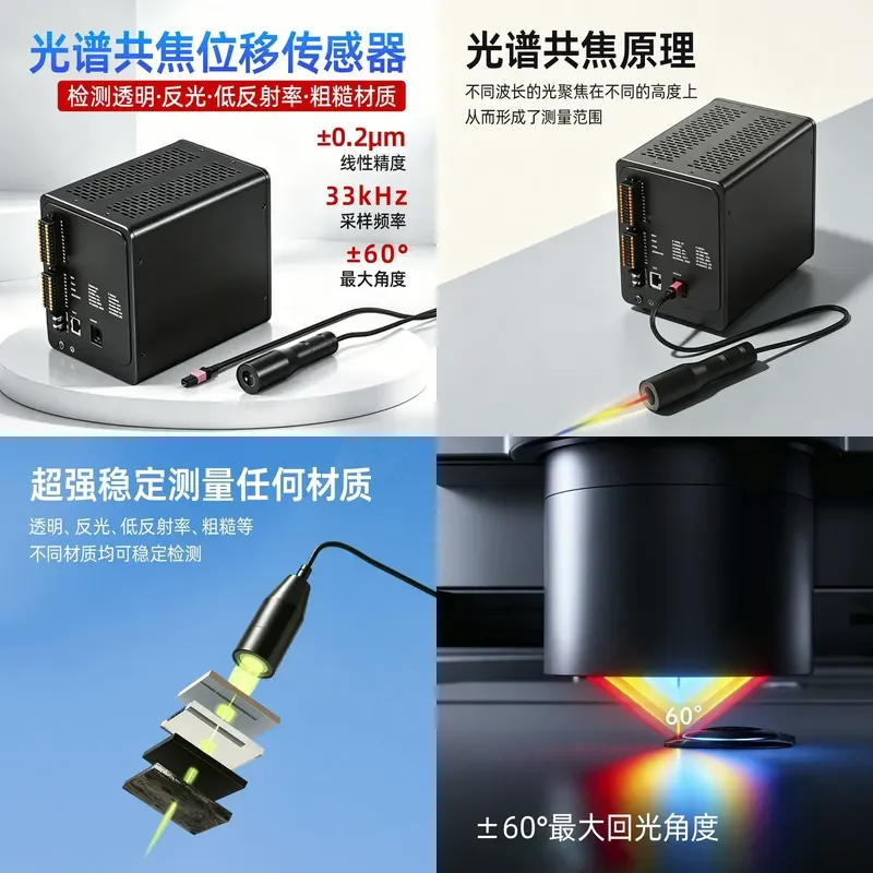 Spectral Confocal Displacement Sensor Micron Accuracy Detection for High and Low Thickness of Colored Metal Glass