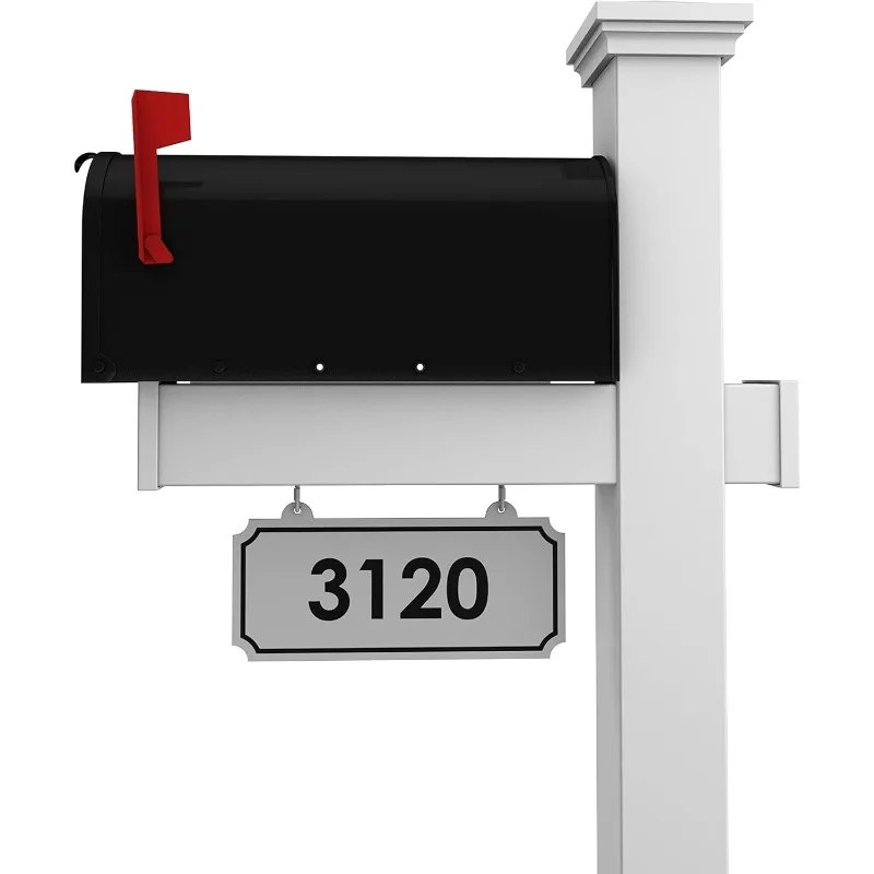 Vinyl Mailbox Post System - Includes Black Steel Mailbox and Custom Address Plate (White)