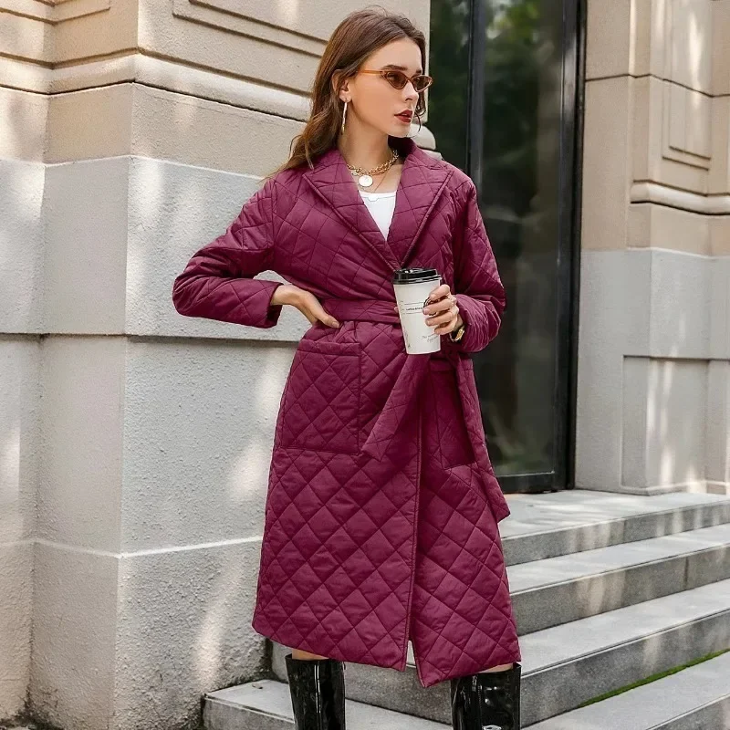 

Winter Warm Solid Color Long Cotton Coat for Women Fashion Lapel Belt Pockets Coat Office Slimming Diamond Shaped Women Clothing