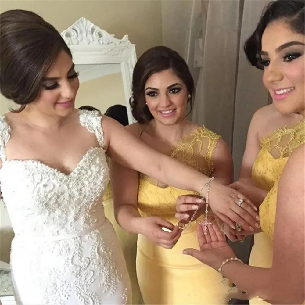 Vestido de fiesta de boda de sirena Sexy amarillo, vestidos de dama de honor  de un hombro de satén de encaje, cola cepillada para invitados Abiti Da  Damigela / Vestido de fiesta, image size:1000x1000