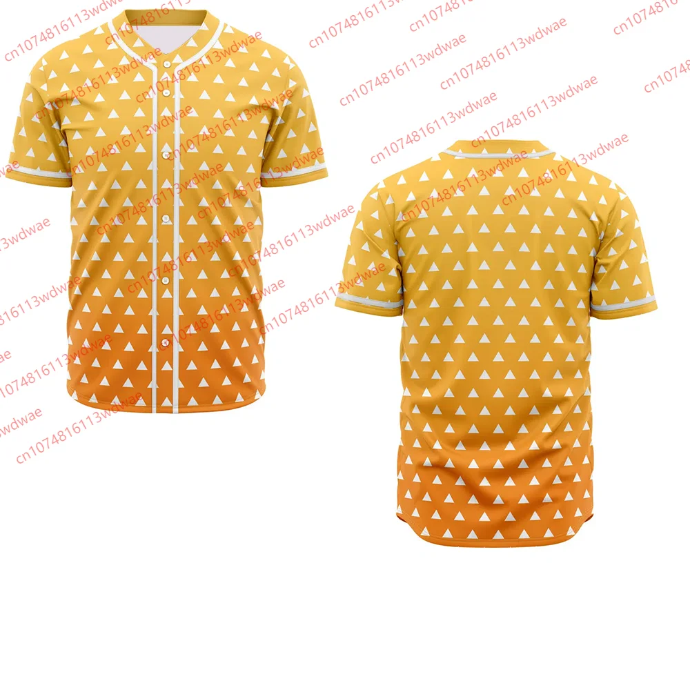 

Demon Slayer Zenitsu Baseball Shirt Anime Cosplay Tee Gradient Yellow Triangle Pattern Summer Loose Kimono Otaku Streetwear