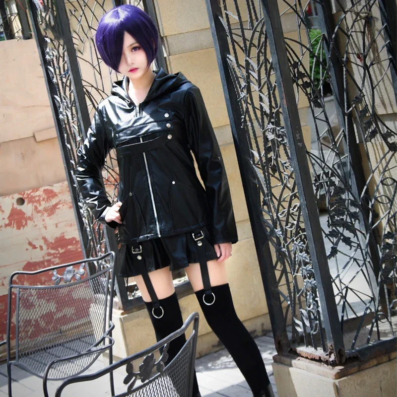 

Anime Tokyo Ghoul Touka Kirishima cosplay costume full set uniform PU leather black dress hoodie women Halloween dress with wig