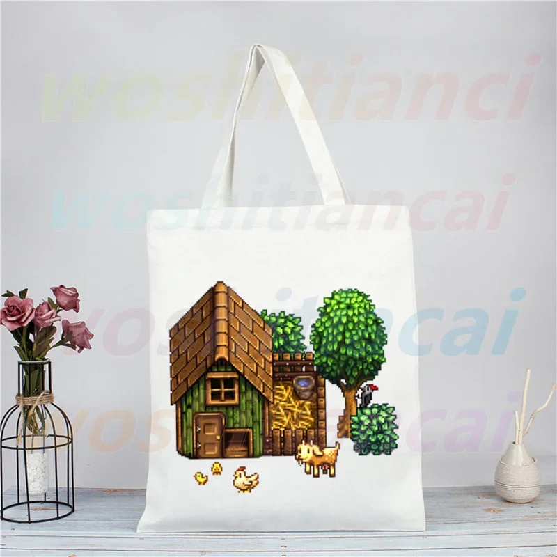 Stardew Valley Farm Pelikan Stadt Spiel Leinwand Schulter Einkaufstasche für Frauen Handtaschen Öko wieder verwendbare Einkaufstasche Vintage Ulzzang Taschen