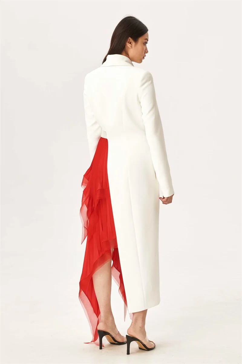 White Red Women Suit Skirt 1 Pcs Long Blazer Prom Dress With Ruffles Stripe Formal Office Lady Jacket Customized Wedding Coat