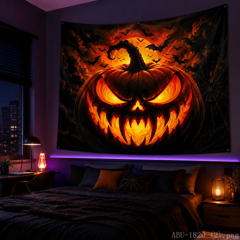 VIKAMA Halloween Lightning Pumpkin Tapestry, Spooky Storm Night Evil Jack Wall Hanging for Bedroom Home Decor