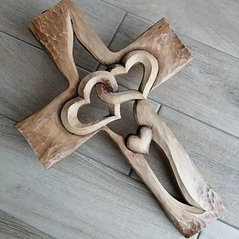 KX4B منحوتة من الخشب الصليب قلوب متشابكة الحلي الدينية هدية المسيحية الصليب تمثال كاثوليكي رف المنزل جدار الكنيسة