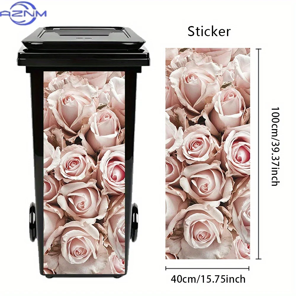 1pc Champagne Rose Theme Trash Can Sticker, Flower Vinyl PVC Wallpaper Mural Wheeled Garbage Bin Stickers Garbage Bins Waterpr