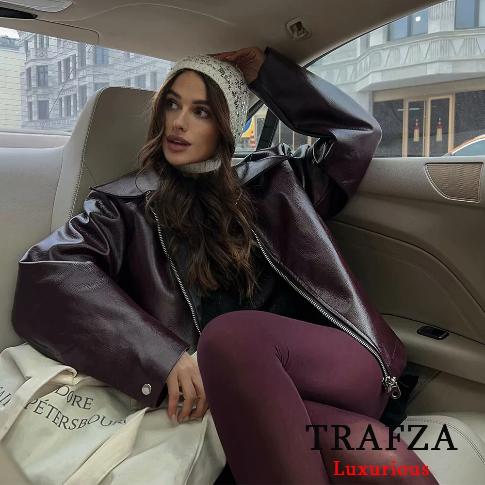 TRAFZA Street Leather Women Jacket Vintage Fashion Zipper Long Sleeve Pu Female Coats 2024 Autumn Turn-down Collar Lady Outwears