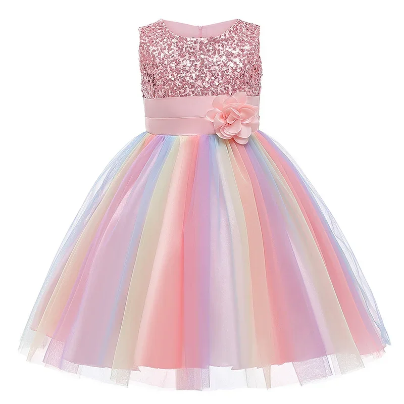 Robe de princesse à fleurs à paillettes pour filles, nœud à la mode, dentelle colorée, maille, carnaval, fête d'anniversaire, performance, 3-12 ans