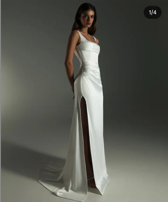 فستان الزفاف تخصيص لتدابير 2026 الجانب الشق السباغيتي حزام حورية البحر الساتان أنيقة مطوي كم طويل زي العرائس المدنية #1