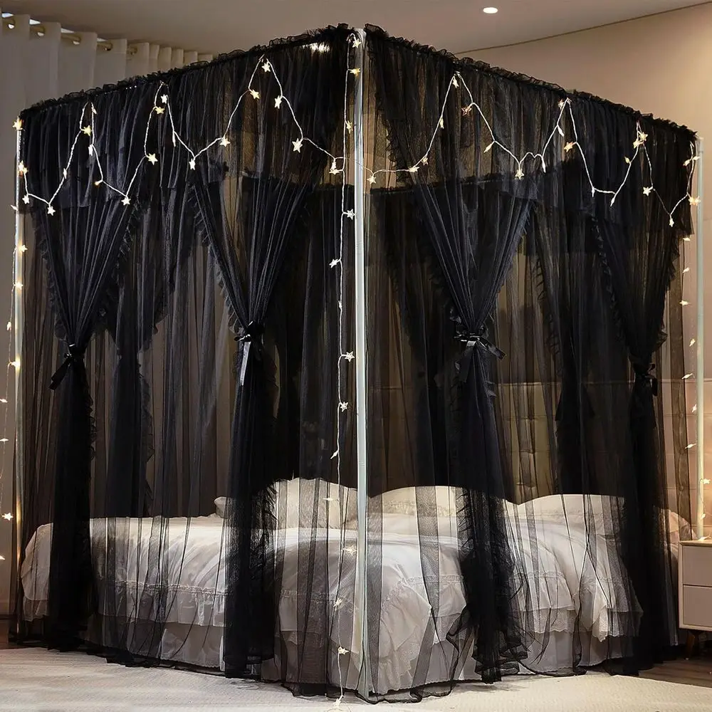 8-Panel Princess Canopy Curtains for Girls' Bed - Double Layer Mesh Drapes, Full Size (Black)