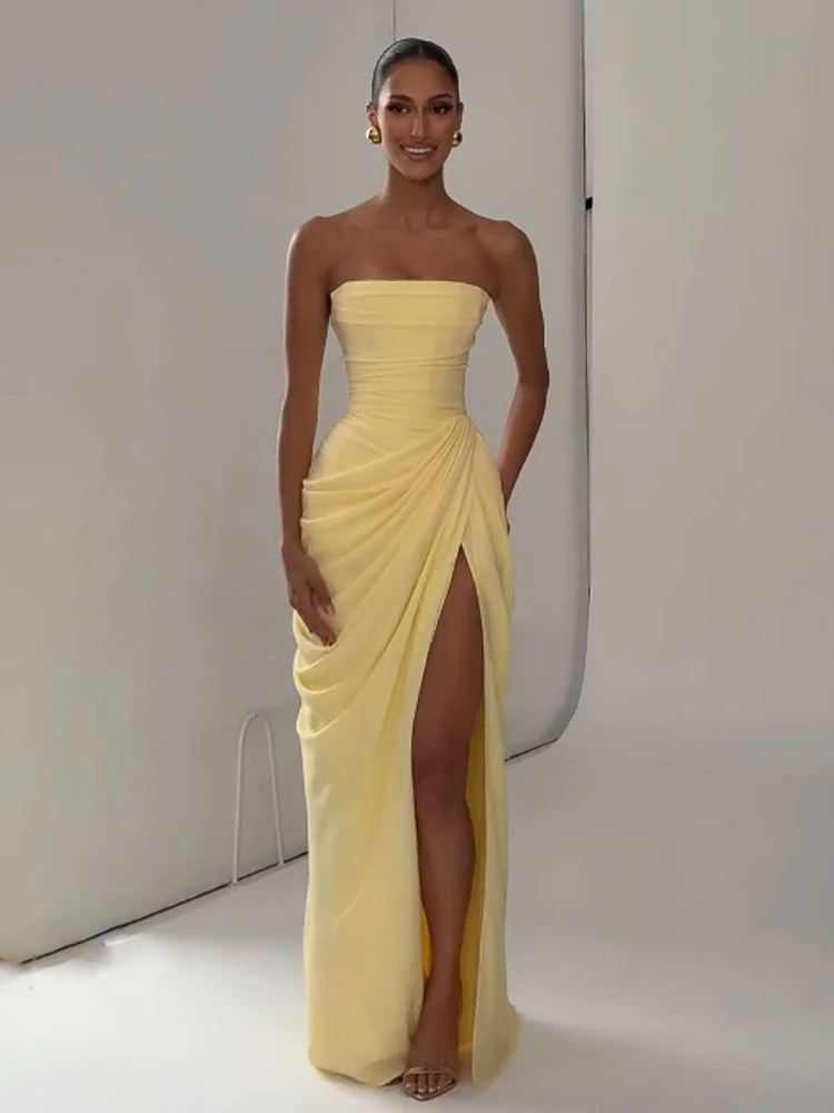 Elegante Vestido Amarillo Plisado sin Tirantes para Mujer, Chic, sin Mangas, con Cintura Ajustada, Abertura Lateral, Vestidos Largos de Fiesta para Dama 2026