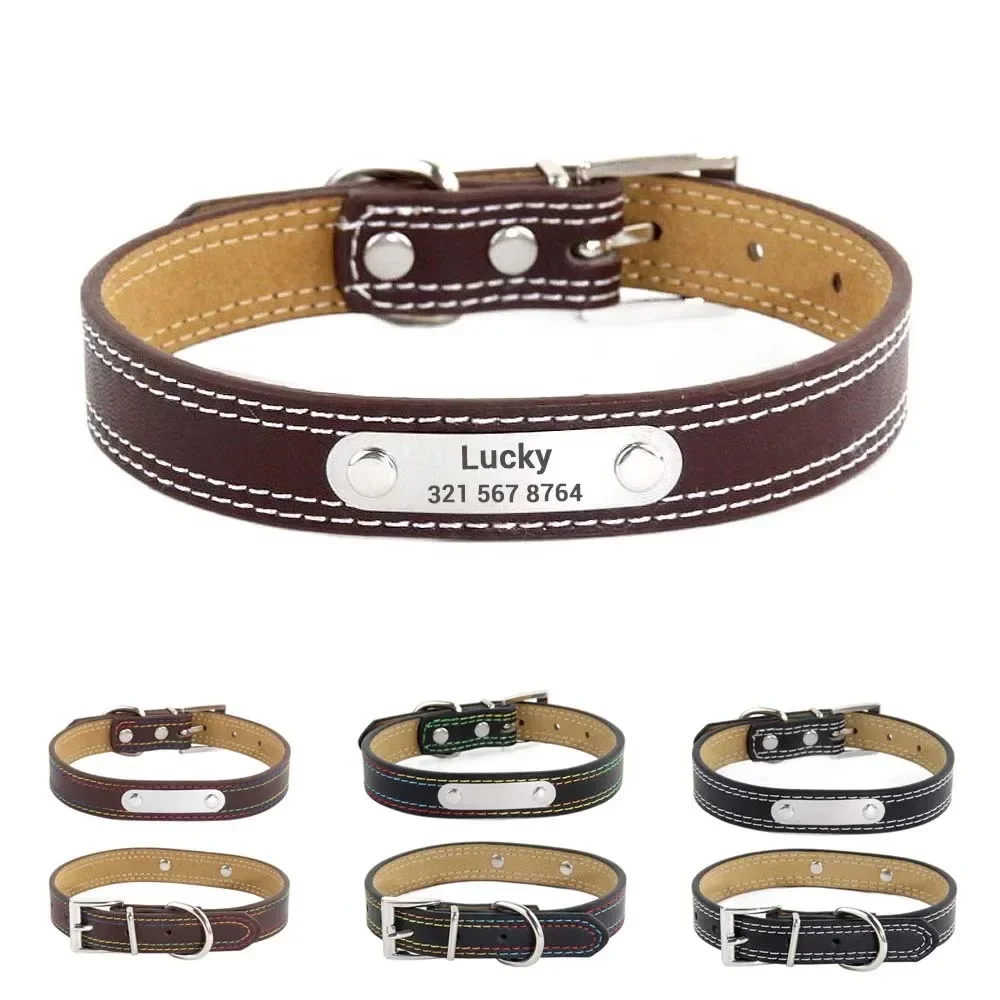 Custom Bling Leather Dog Collar with Name, Solid Personalized Engraved Puppy ID Collars, Small Medium and Large Dogs, XS-L