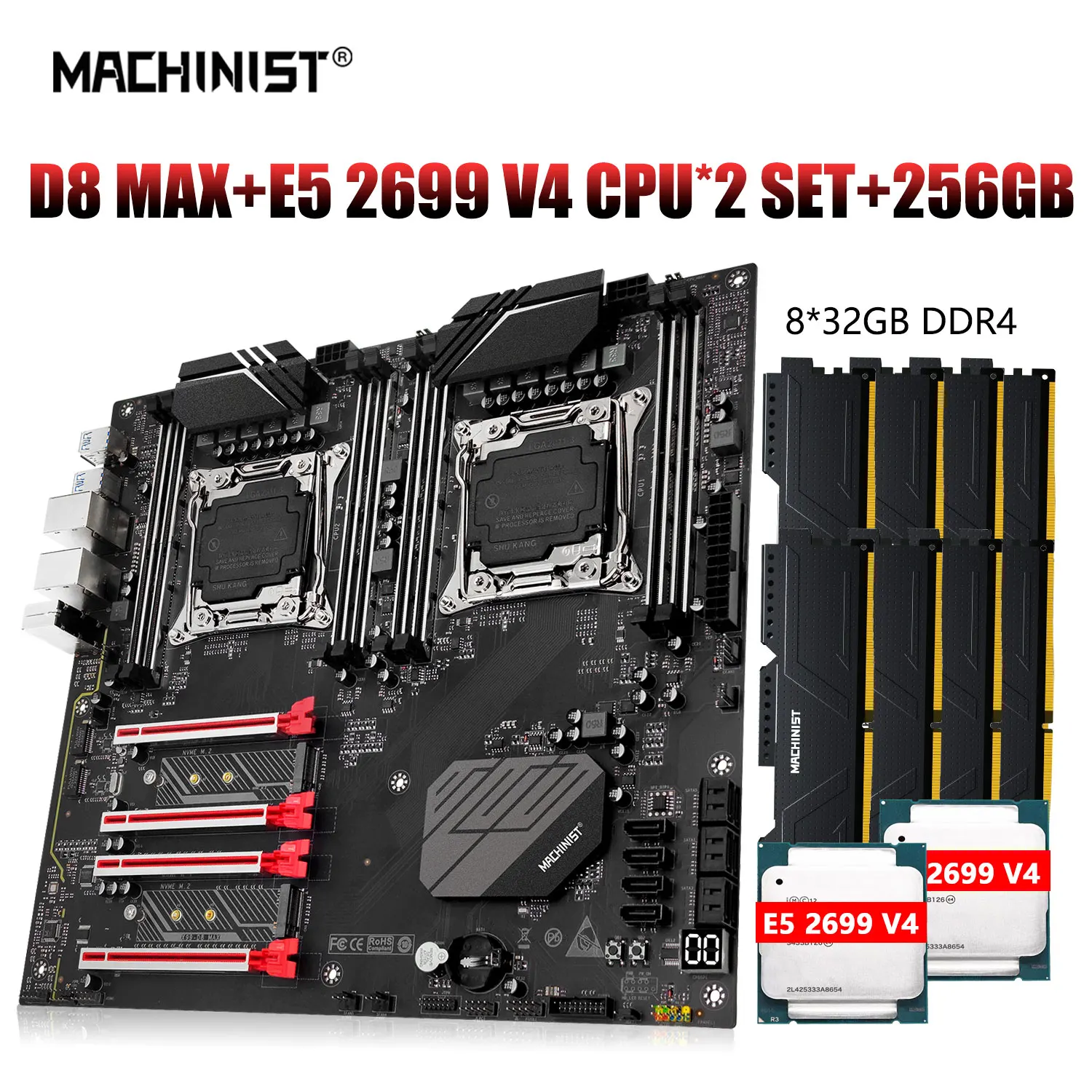 

MACHINIST X99 D8 MAX Motherboard kit SET LGA 2011-3 Xeon E5 2699 v4 Dual CPU Processor ECC DDR4 8pcs*32GB E-ATX NVME M.2*2 ssd