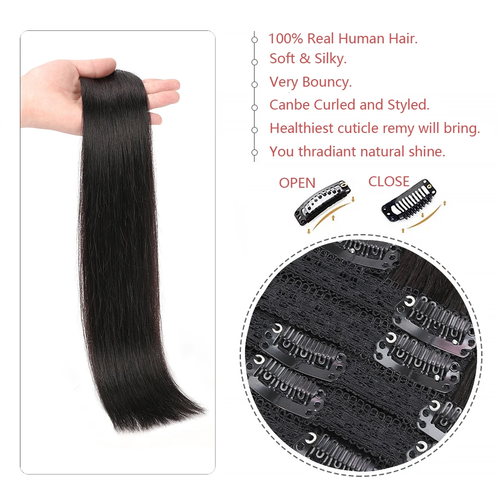 Natuurlijke Zwarte Clip In Hair Extensions Remy Echt Haar Steil Dubbele Inslag Clip-On Haarstukje Clip In Menselijk Haar voor Vrouwen 7 STKS