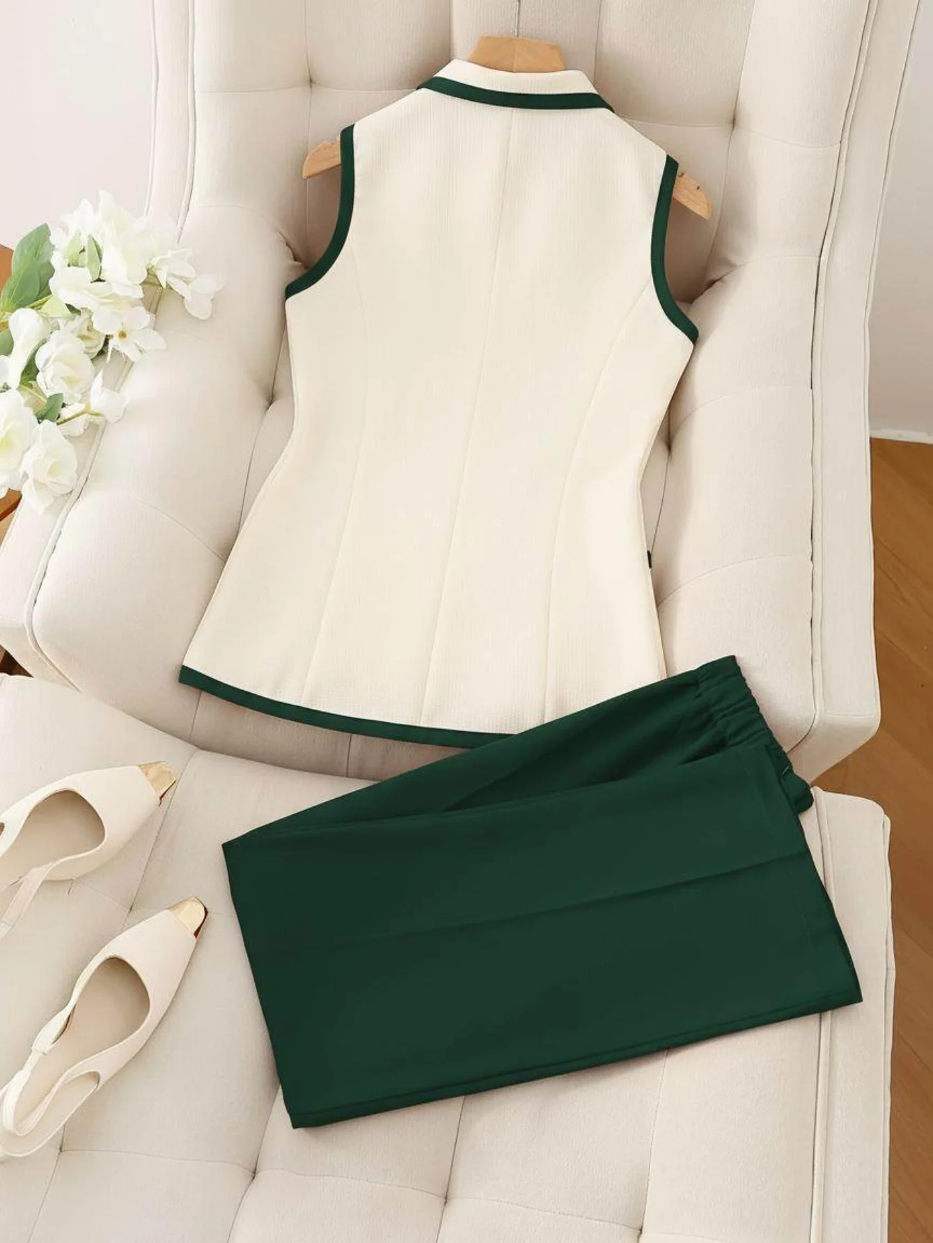 Women's Sleeveless Vest Two‑Piece Set Contrast Trim Double Breasted Decorative Flower High Waist Straight Long Pants Ladies Suit