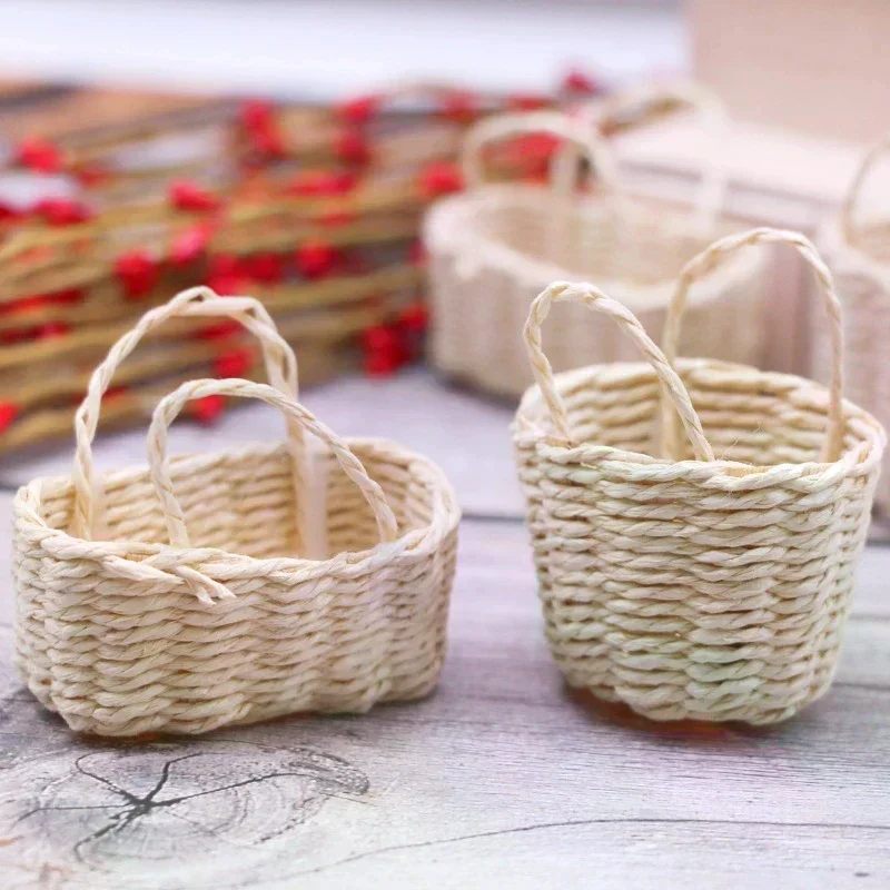Dollhouse Miniature Storage Basket Vegetable Food Woven Frame Portable Flower Basket Kitchen Home Model Decor Toy 1:12
